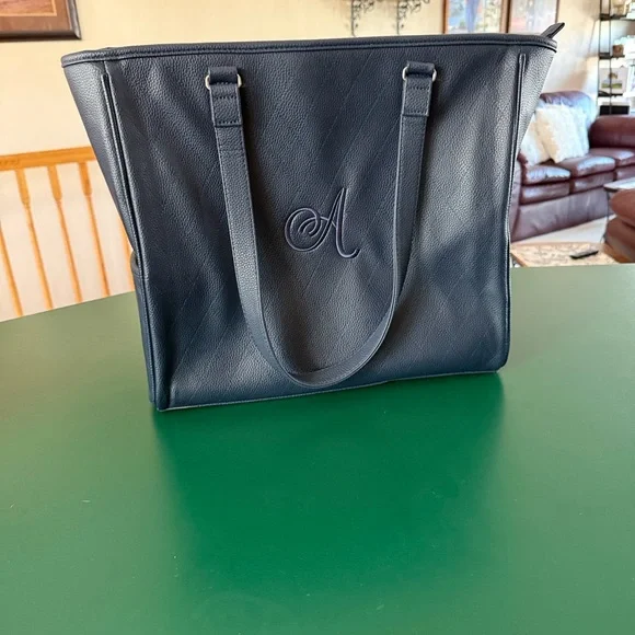 thirty-one Navy Pebbled Leather Tote with Monogram A - Picture 3 of 3